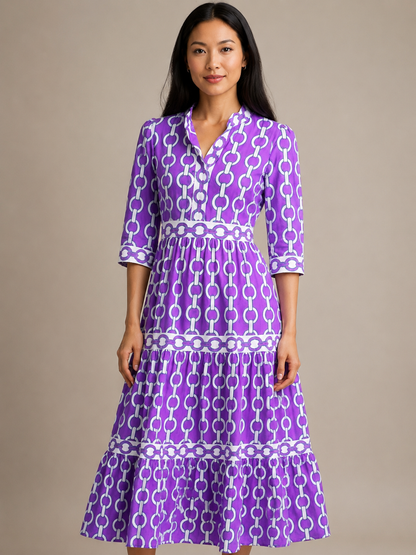 Ysolde | Three Quarter Sleeve Chain Pattern Midi Dress