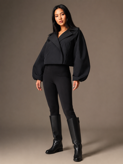 Balloon Sleeve Cropped Trench Jacket - Black