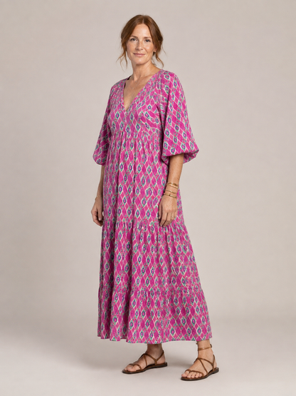 Apolline | Three Quarter Sleeve V Neck Patterned Midi Dress