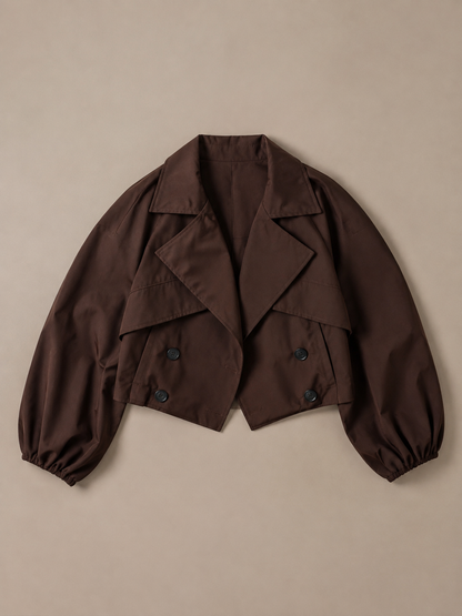 Balloon Sleeve Cropped Trench Jacket - Brown