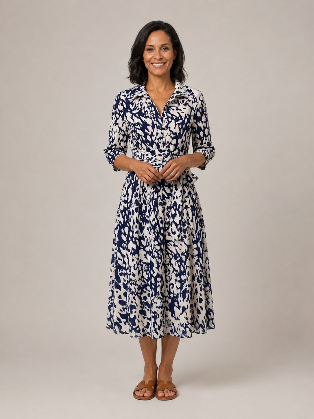 Oriana | Collared Long Sleeve Waist Tie Midi Dress