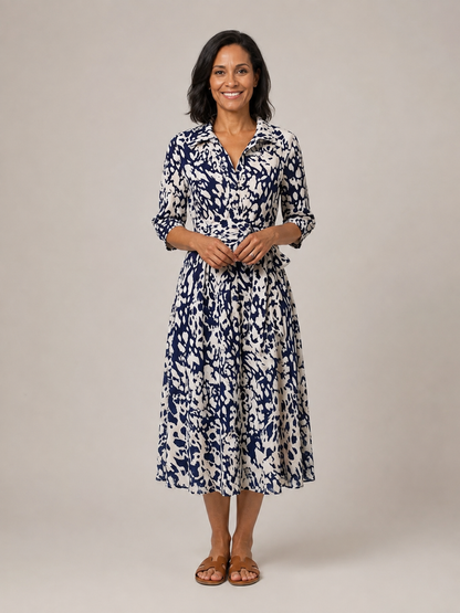 Oriana | Collared Long Sleeve Waist Tie Midi Dress