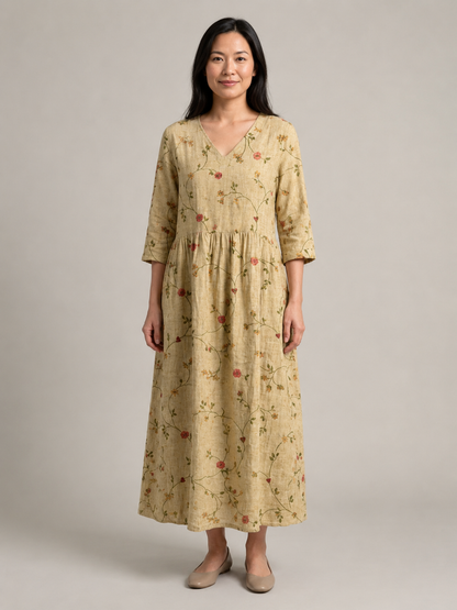 Marina | Floral V Neck Three Quarter Sleeve Maxi Dress