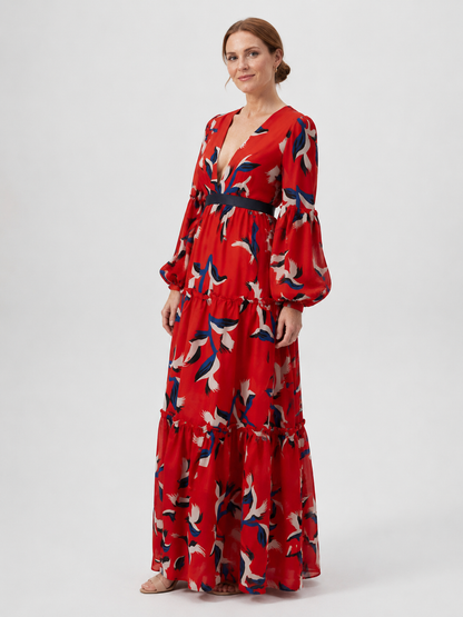 Isolde | V Neck Tie Waist Long Sleeve Maxi Dress