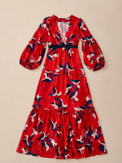 Isolde | V Neck Tie Waist Long Sleeve Maxi Dress