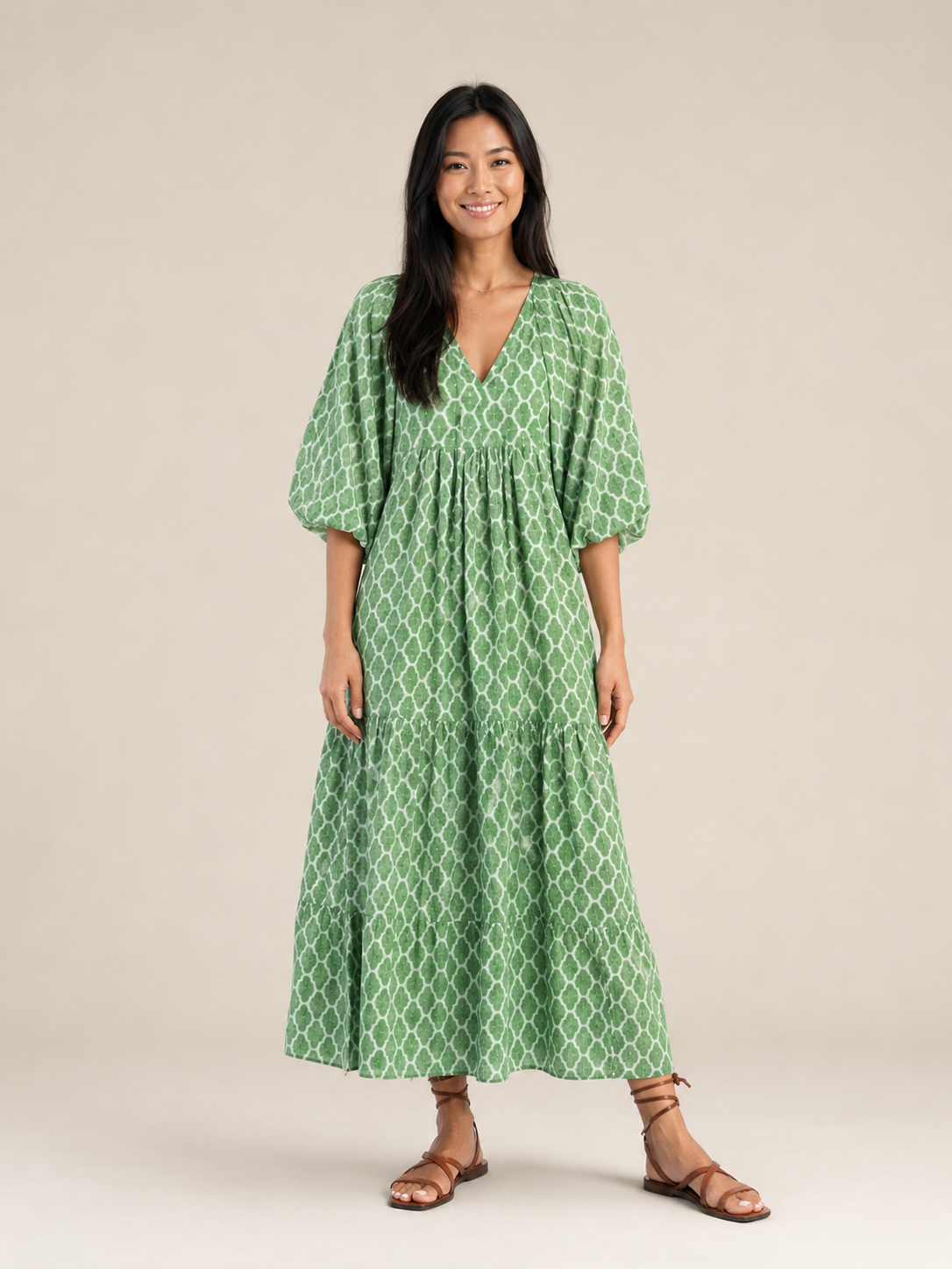 Apolline | Three Quarter Sleeve V Neck Patterned Midi Dress