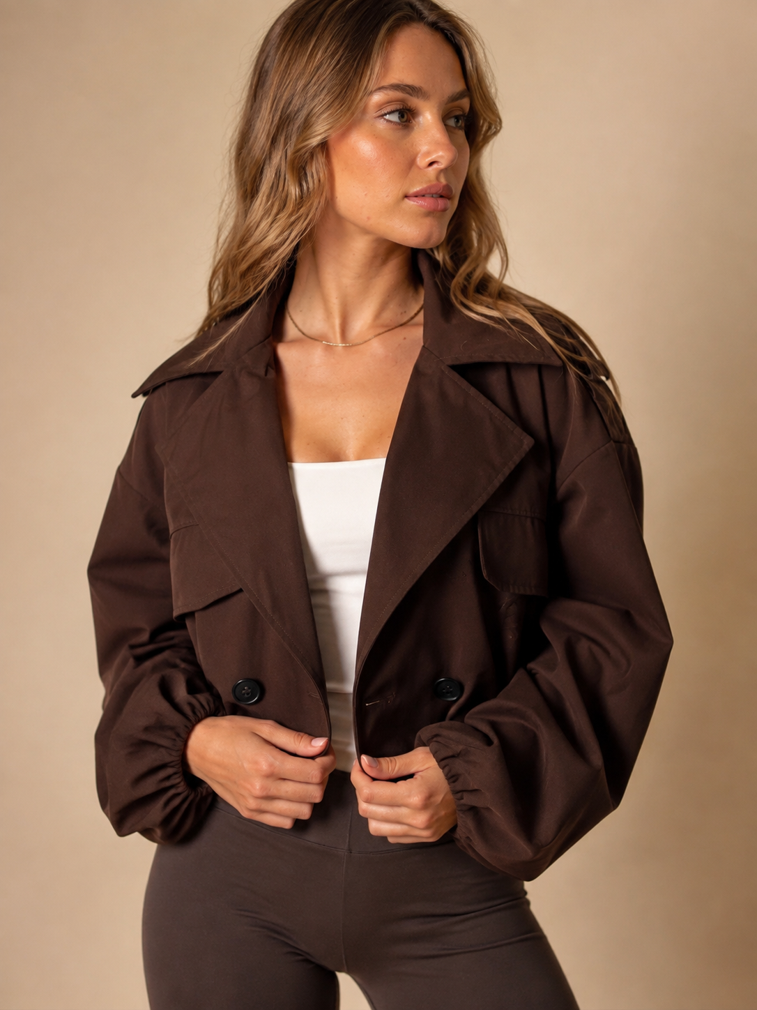 Balloon Sleeve Cropped Trench Jacket - Brown