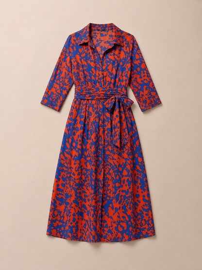 Oriana | Collared Long Sleeve Waist Tie Midi Dress
