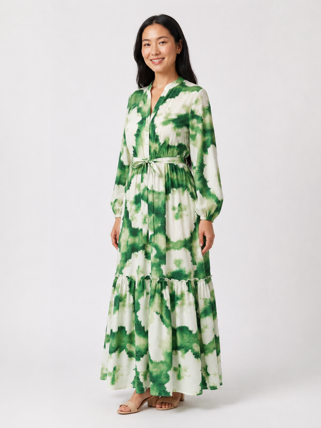 Sabine | Long Sleeve Tie Waist Tiered Maxi Dress