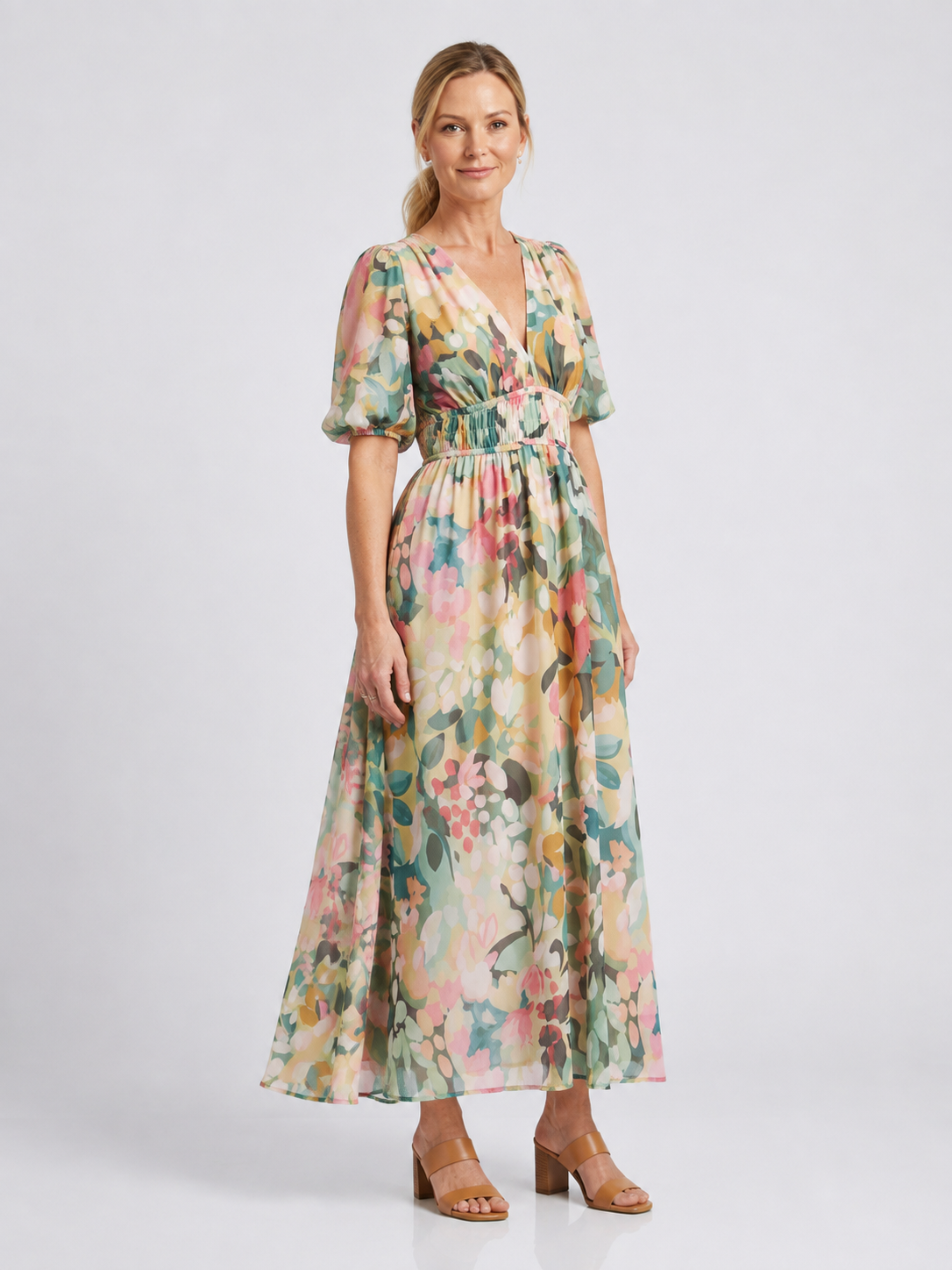 Eulalie | V Neck Short Sleeve Gathered Waist Midi Dress