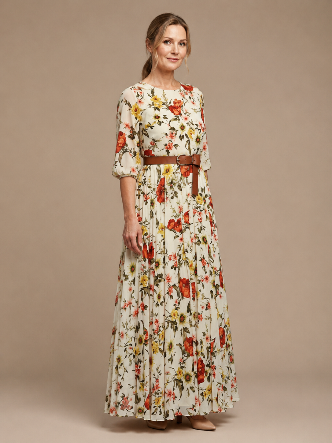 Odelia | Round Neck Three Quarter Sleeve Belted Maxi Dress