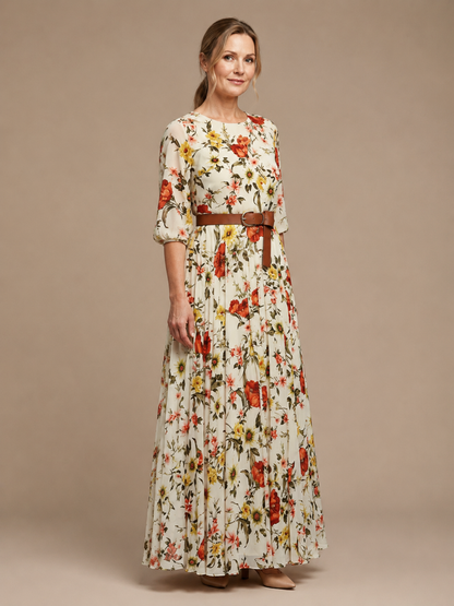 Odelia | Round Neck Three Quarter Sleeve Belted Maxi Dress