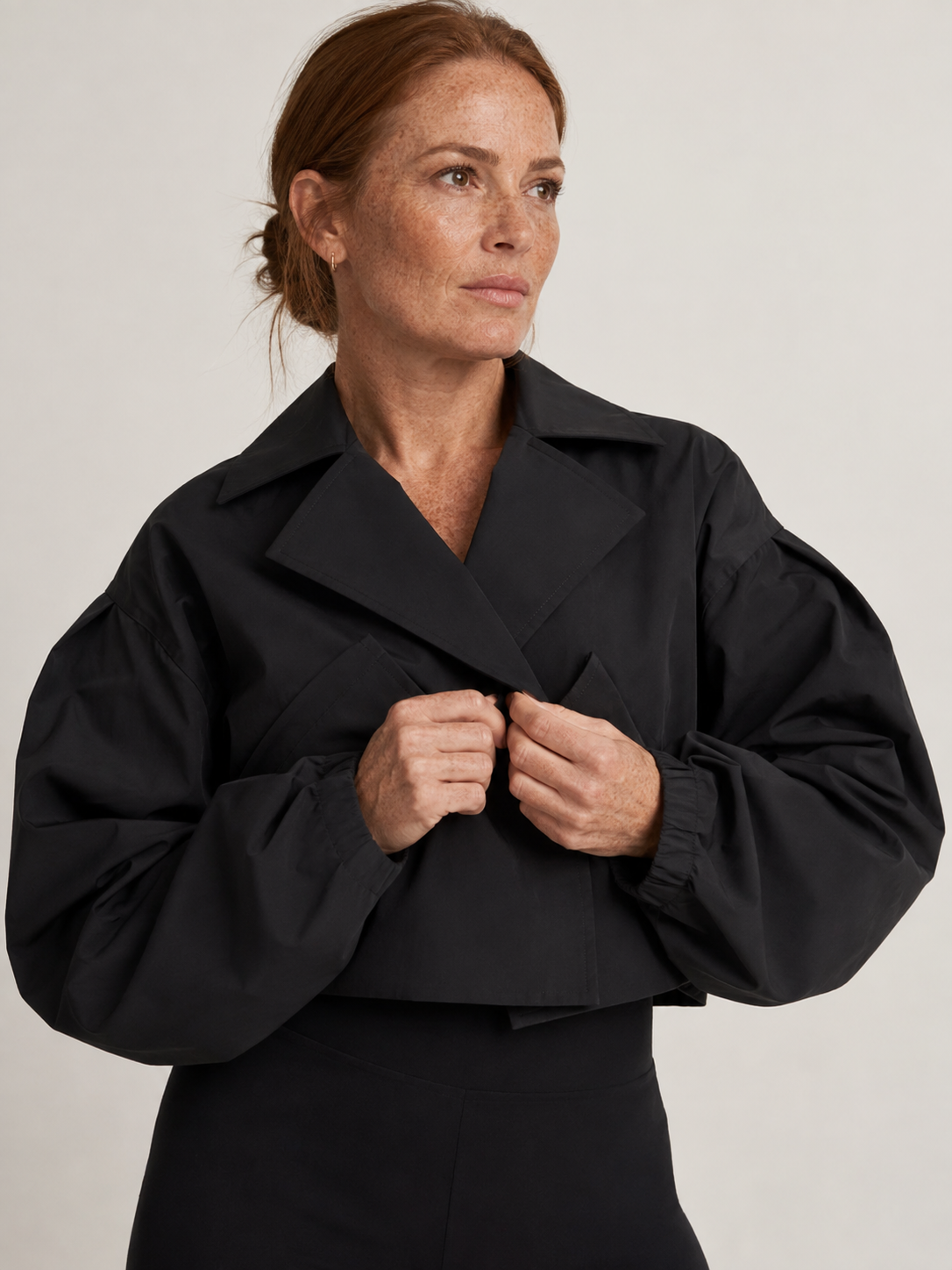 Balloon Sleeve Cropped Trench Jacket - Black