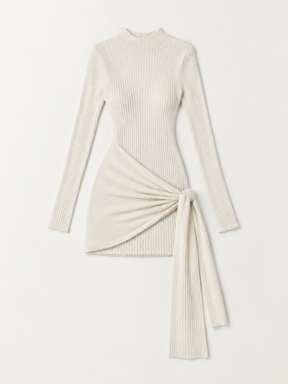 CLARA Ribbed Knit Tie Dress - Cream