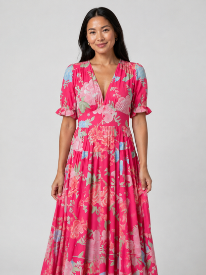 Ione | Short Sleeve V Neck Floral Midi Dress