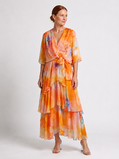 Calista | Sheer Layered V Neck Tie Waist Maxi Dress