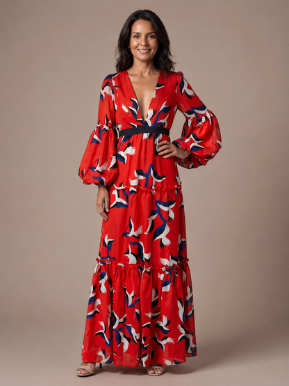 Isolde | V Neck Tie Waist Long Sleeve Maxi Dress