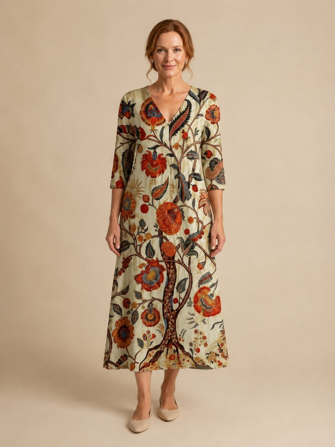 Corisande | V Neck Long Sleeve Floral Midi Dress