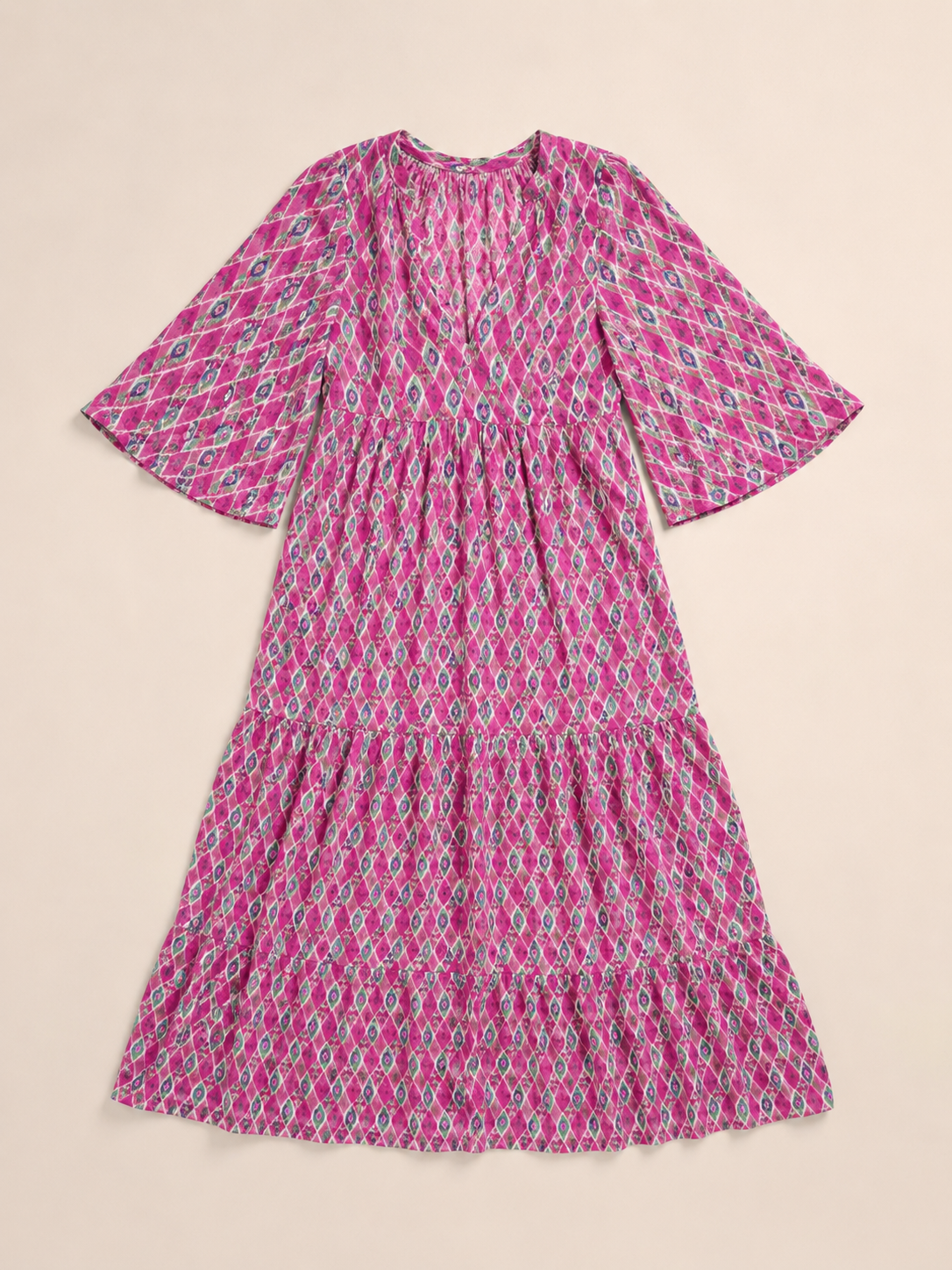 Apolline | Three Quarter Sleeve V Neck Patterned Midi Dress