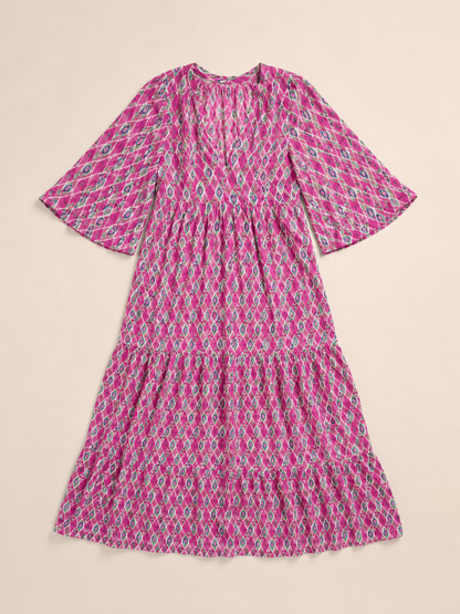 Apolline | Three Quarter Sleeve V Neck Patterned Midi Dress