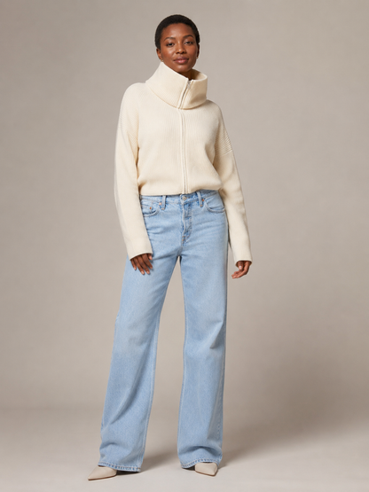 Knit Funnel Neck Zip Up Jacket - Cream