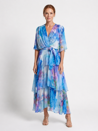 Calista | Sheer Layered V Neck Tie Waist Maxi Dress