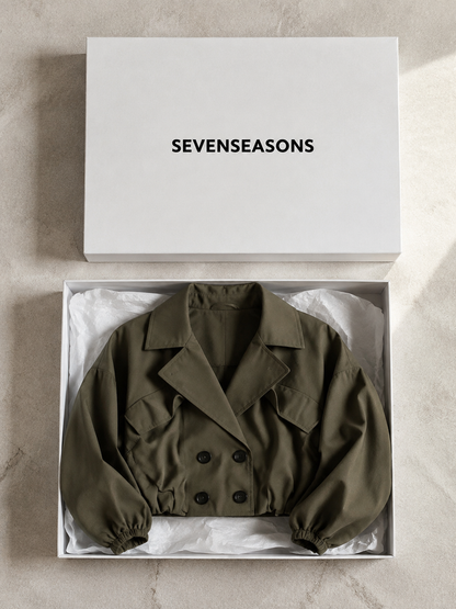 Balloon Sleeve Cropped Trench Jacket - Khaki