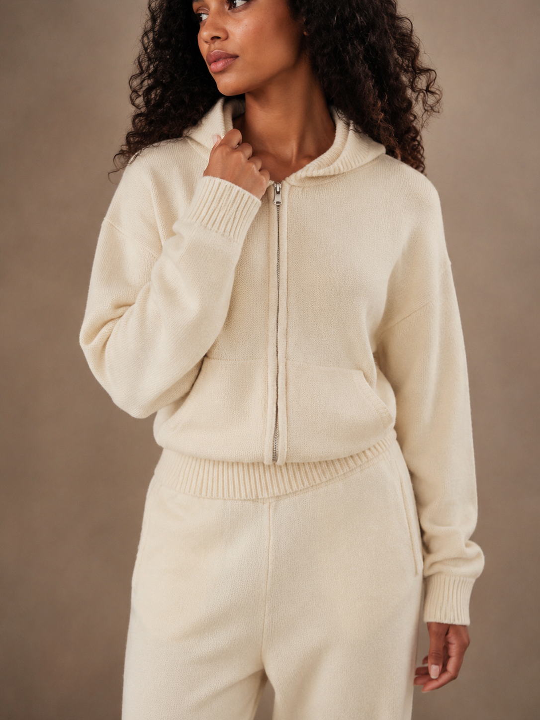 Hooded Knit Tracksuit - Cream