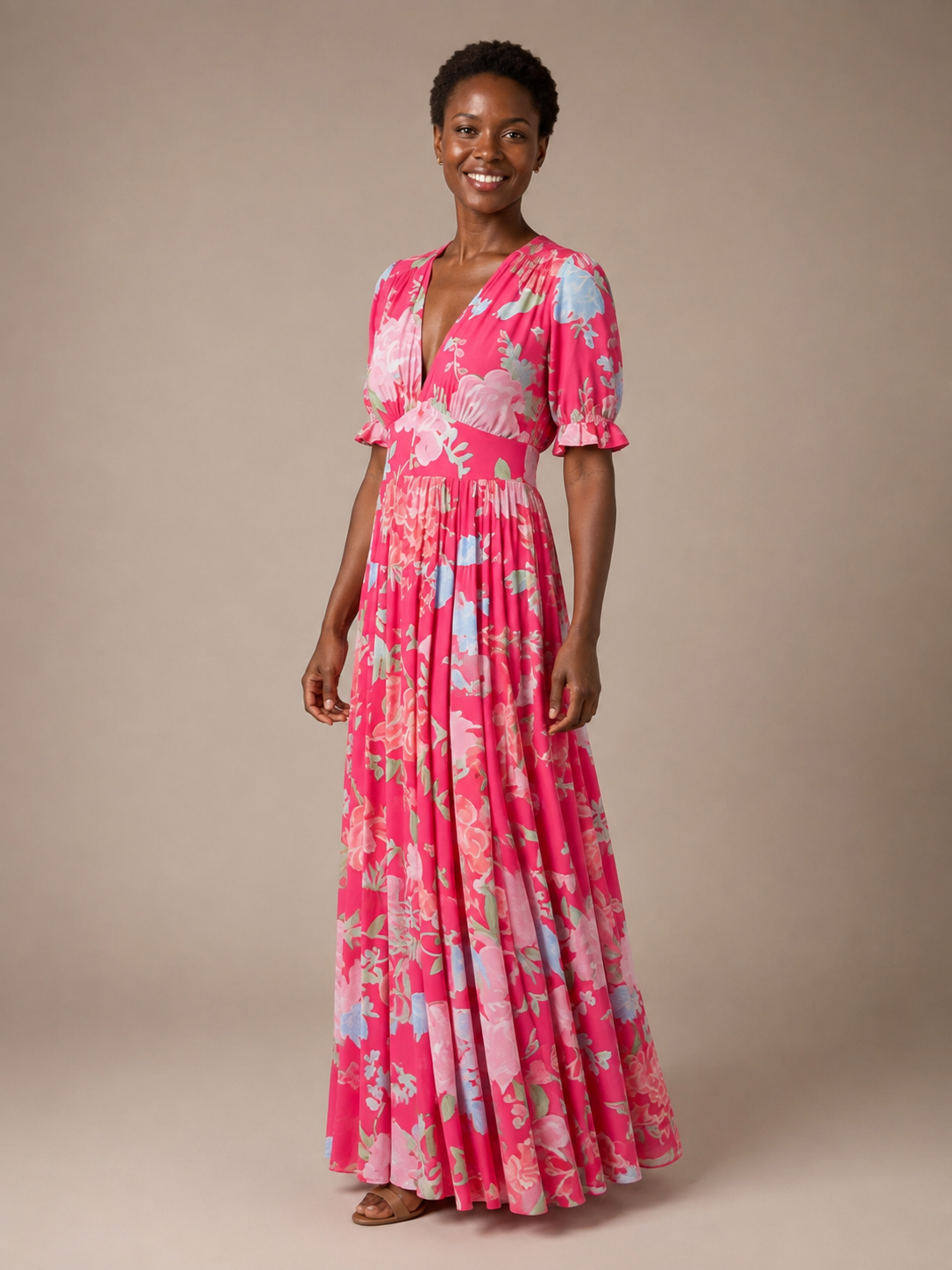 Ione | Short Sleeve V Neck Floral Midi Dress