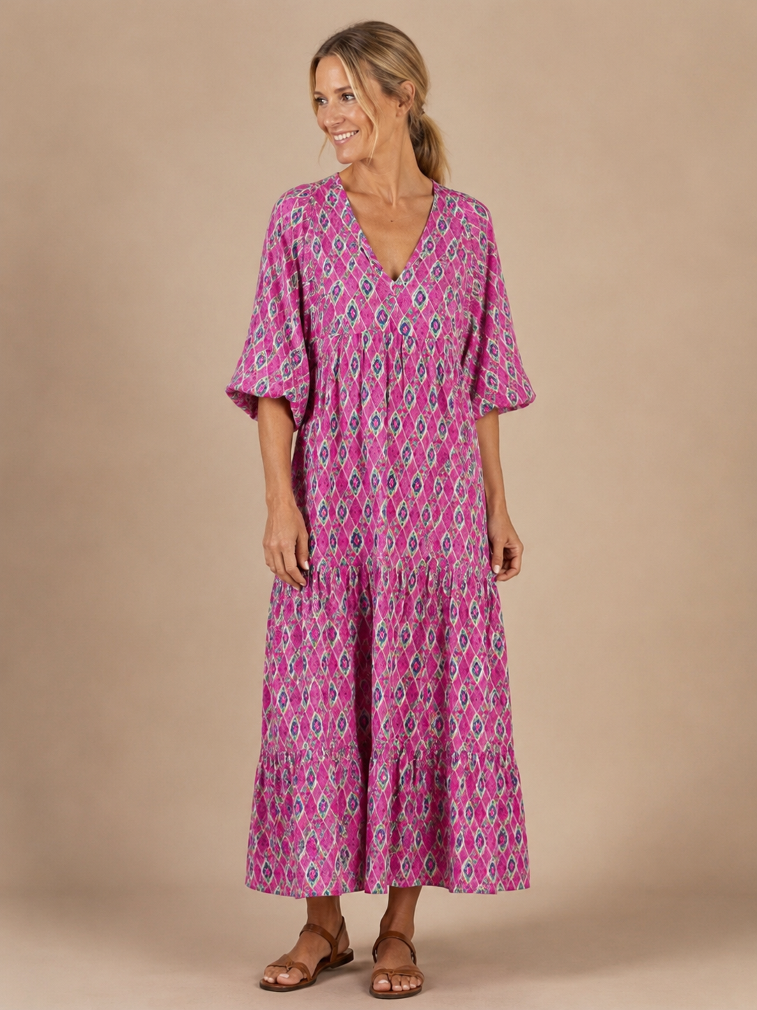Apolline | Three Quarter Sleeve V Neck Patterned Midi Dress