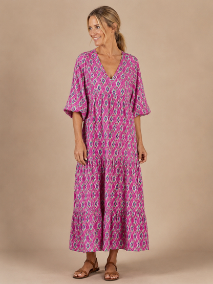 Apolline | Three Quarter Sleeve V Neck Patterned Midi Dress