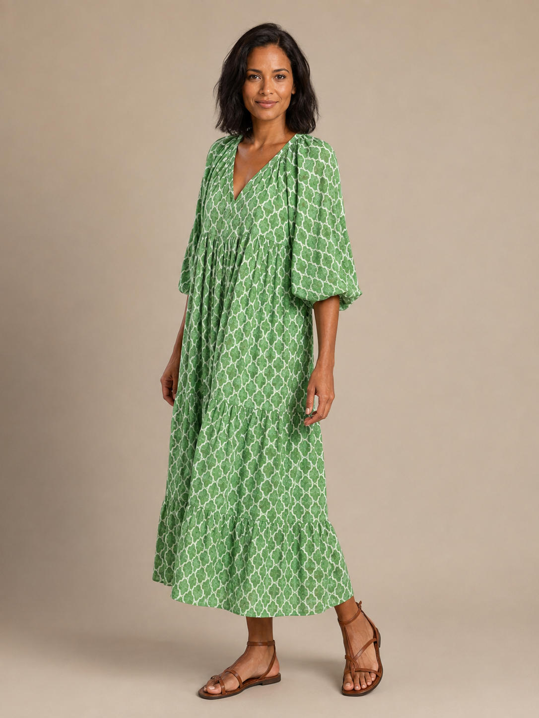 Apolline | Three Quarter Sleeve V Neck Patterned Midi Dress
