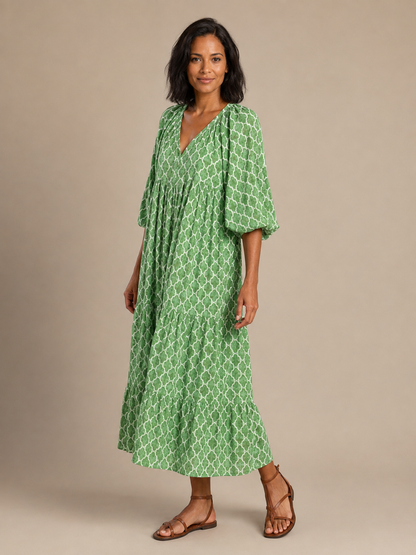 Apolline | Three Quarter Sleeve V Neck Patterned Midi Dress
