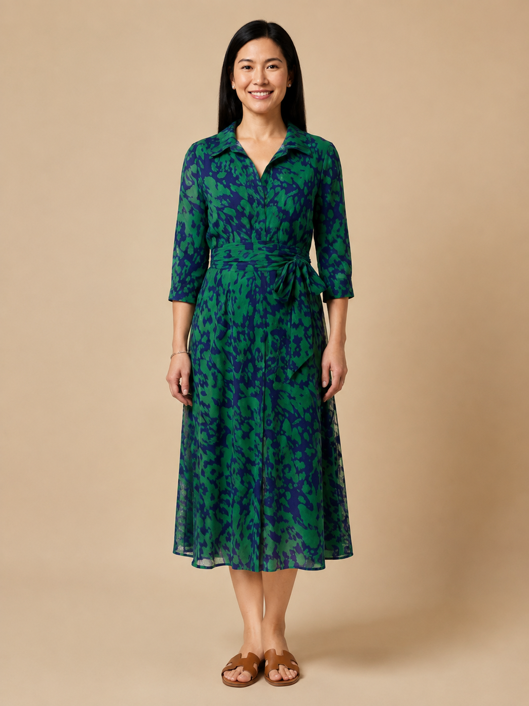 Oriana | Collared Long Sleeve Waist Tie Midi Dress