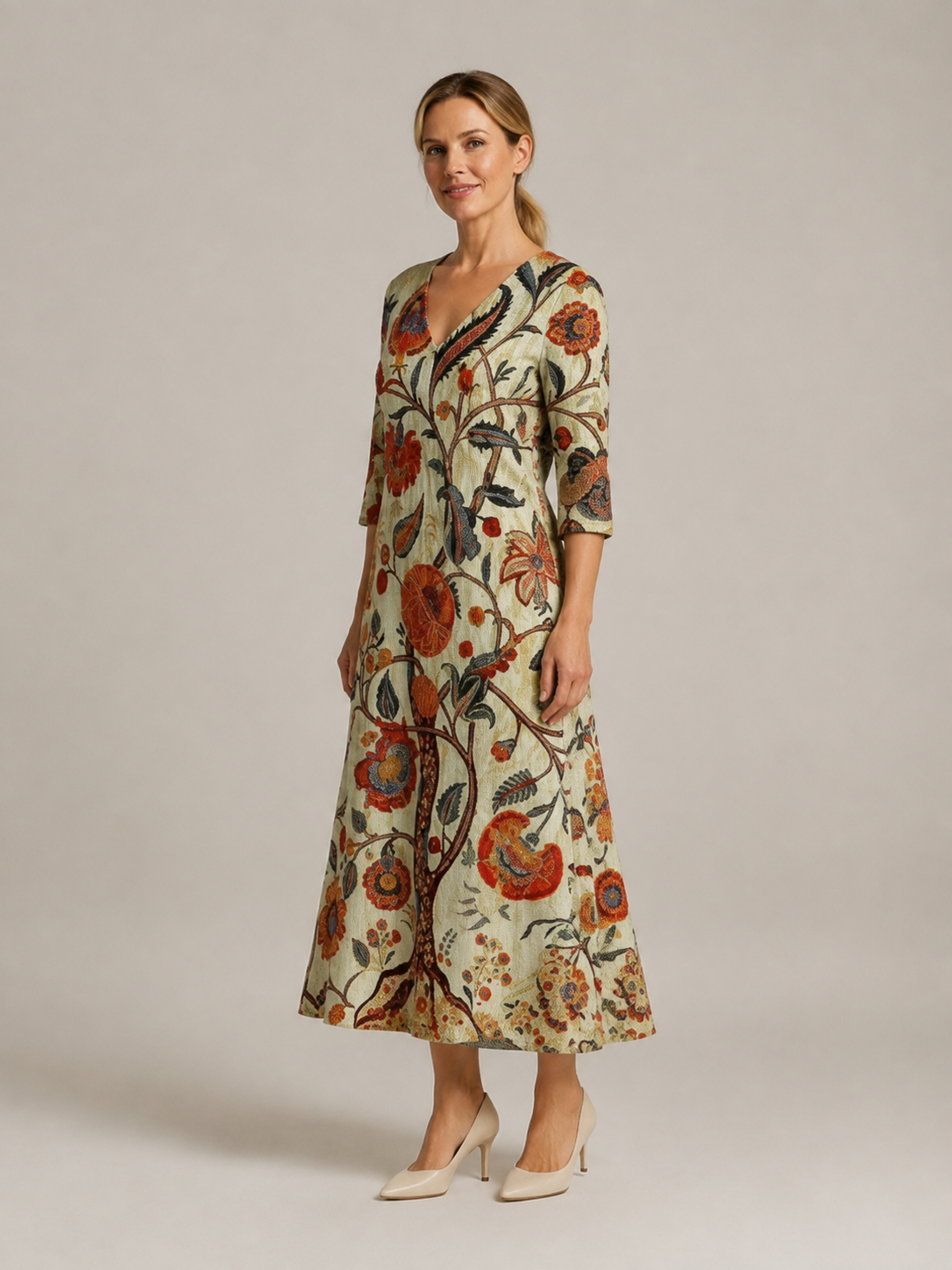 Corisande | V Neck Long Sleeve Floral Midi Dress
