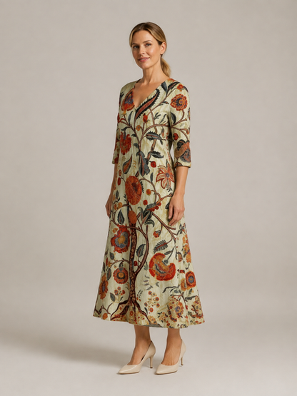 Corisande | V Neck Long Sleeve Floral Midi Dress