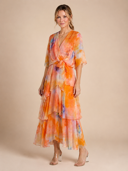Calista | Sheer Layered V Neck Tie Waist Maxi Dress