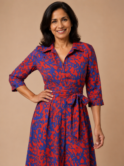 Oriana | Collared Long Sleeve Waist Tie Midi Dress
