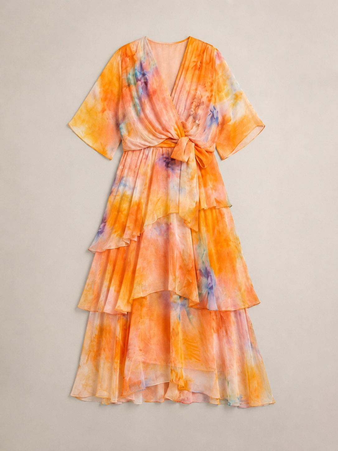 Calista | Sheer Layered V Neck Tie Waist Maxi Dress