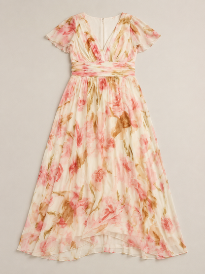 Elara | V Neck Short Sleeve Floral Maxi Dress