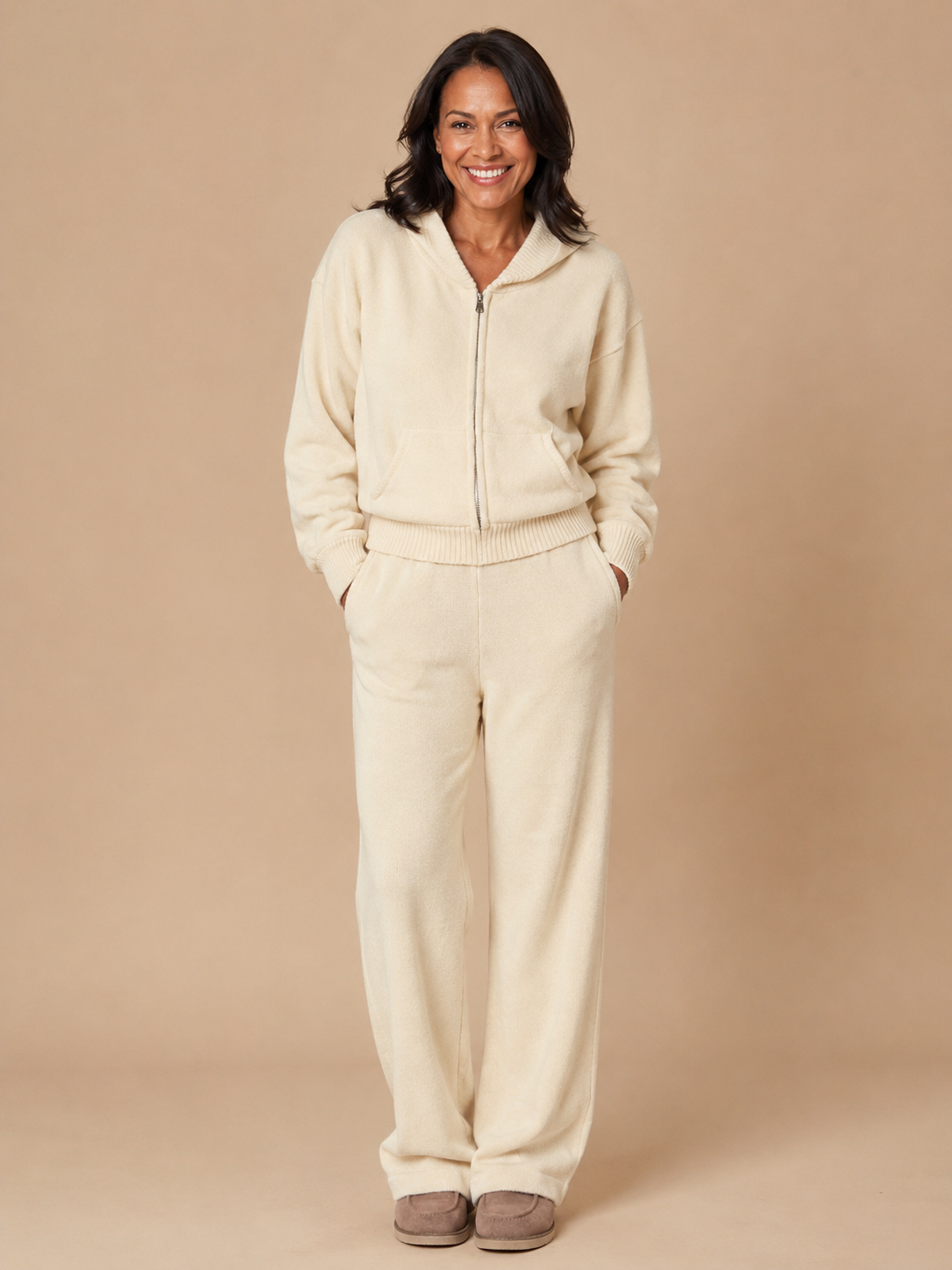 Hooded Knit Tracksuit - Cream