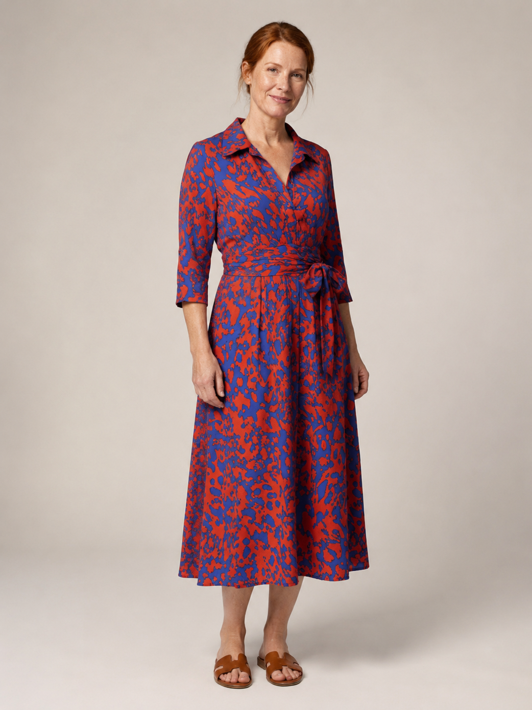 Oriana | Collared Long Sleeve Waist Tie Midi Dress