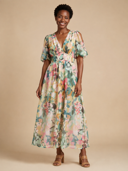 Eulalie | V Neck Short Sleeve Gathered Waist Midi Dress