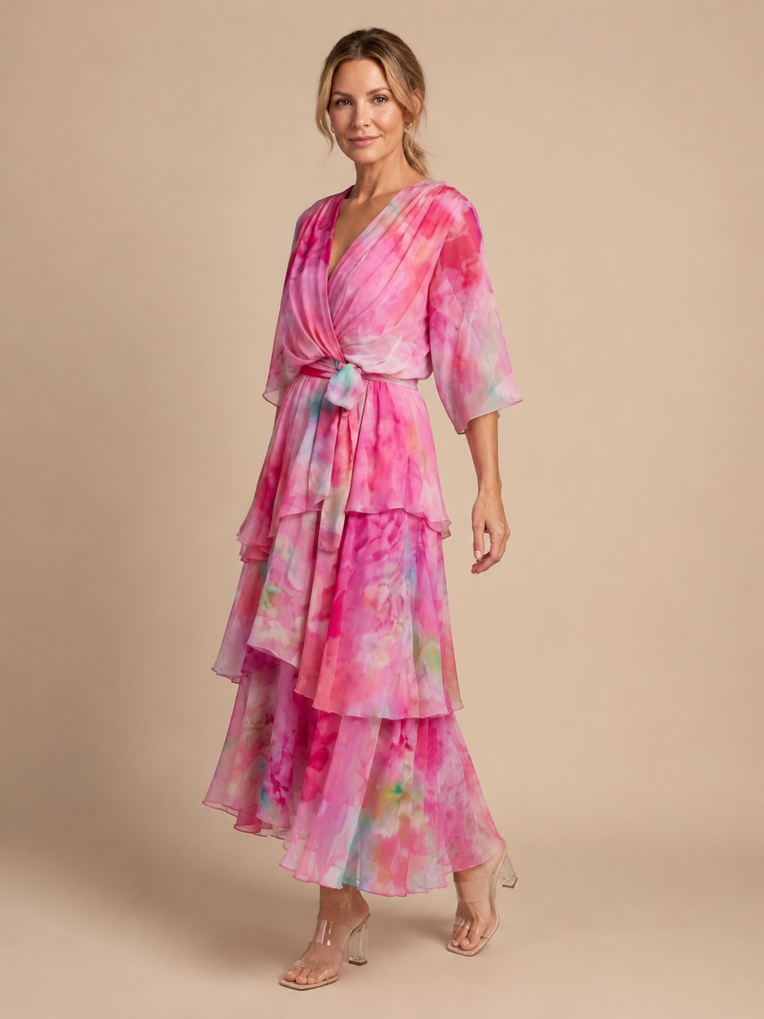 Calista | Sheer Layered V Neck Tie Waist Maxi Dress
