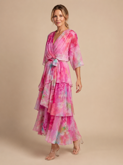 Calista | Sheer Layered V Neck Tie Waist Maxi Dress