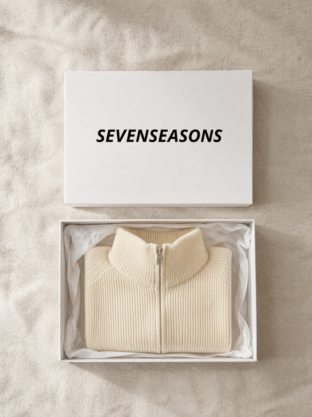 Knit Funnel Neck Zip Up Jacket - Cream