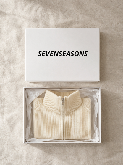 Knit Funnel Neck Zip Up Jacket - Cream