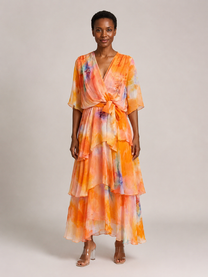 Calista | Sheer Layered V Neck Tie Waist Maxi Dress