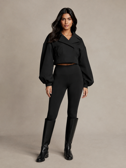 Balloon Sleeve Cropped Trench Jacket - Black