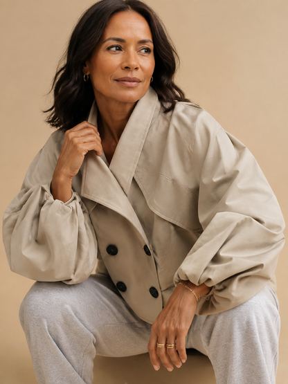 Balloon Sleeve Cropped Trench Jacket - Cream